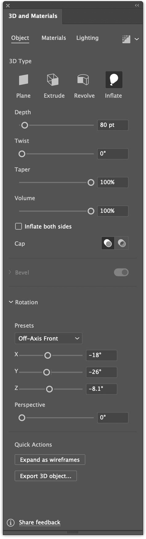 Photoshop 3D panel settings for Pillow Inflate