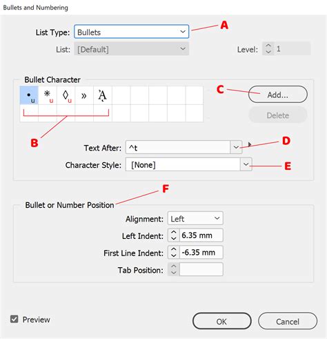 InDesign Bullets and Numbering Dialog Box