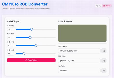 Screenshot of an online CMYK to RGB converter interface
