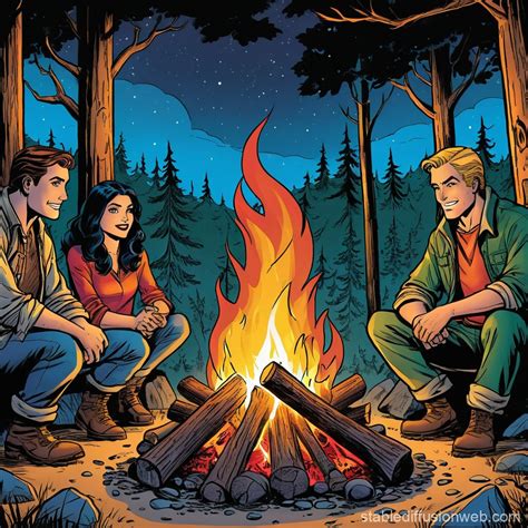 Comic panel showing simple shadows and highlights from a campfire