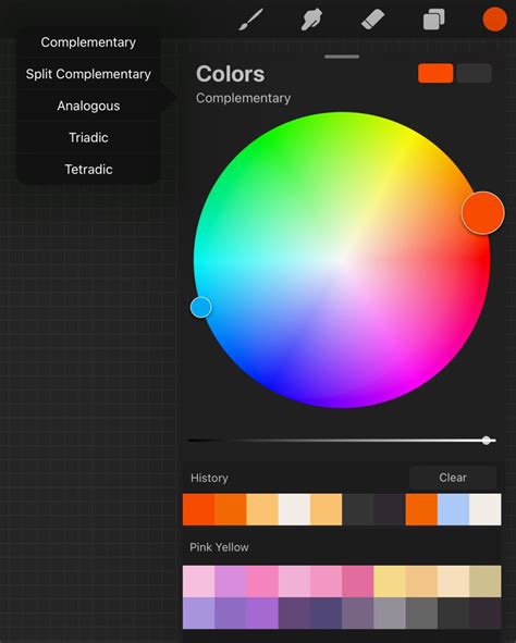Procreate color wheel showing Hue, Saturation, and Brightness sliders