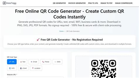 Screenshot of an online QR code generator with options for content type and size
