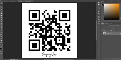Photoshop showing a QR code layer pasted over a background image