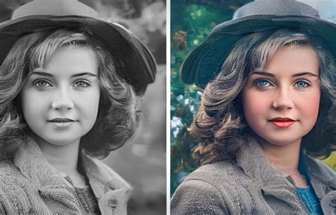 Before and after comparison of a colorized black and white photo