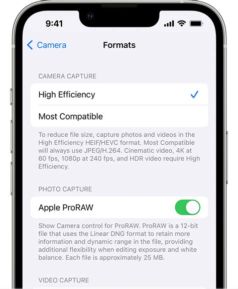 Screenshot of iPhone camera format settings