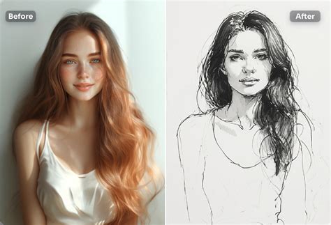 A before and after image showing a photo transformed into a sketch using Picsart's Sketch effect
