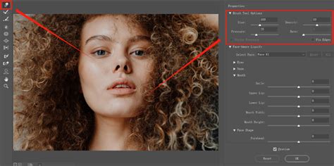 Photoshop Liquify tool in action, showing Forward Warp and Freeze Mask tools