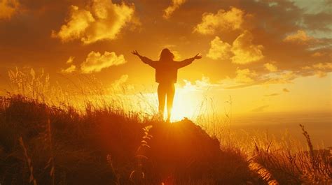 A person silhouetted against a vibrant golden sunset.