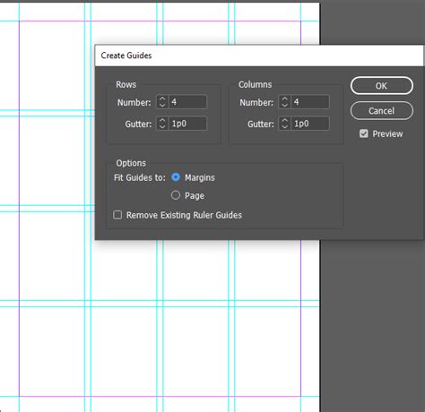 InDesign document with a four-column grid and defined margins