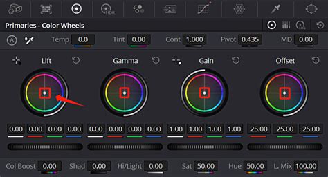 Screenshot of DaVinci Resolve's Primary Color Wheels