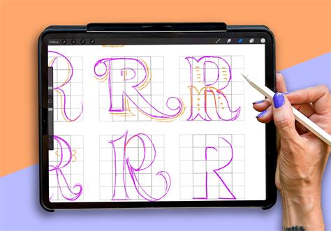 Examples of stylized lettering created in Procreate