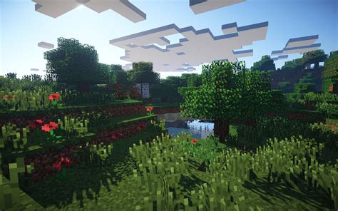 Minecraft landscape with flowers and rocks mixed with grass