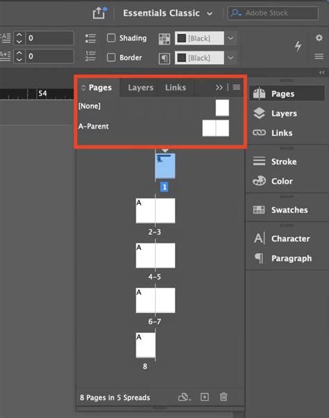 Adobe InDesign Pages Panel showing section start marker
