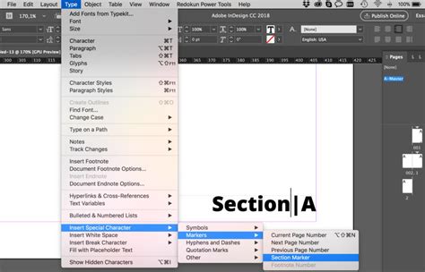 InDesign text frame with Current Page Number placeholder on a master page