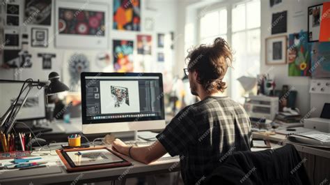 Graphic designer working on a computer with multiple design elements