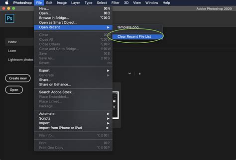 Photoshop Menu: File > Open Recent > Clear Recent File List