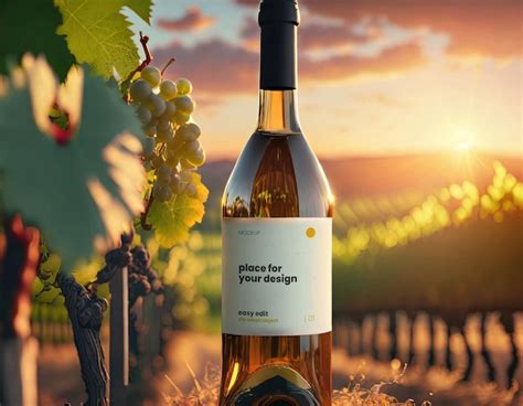 AI-generated mock-up of a wine label on a bottle in a vineyard