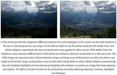 Comparison of an image edited with a traditional profile versus an adaptive profile, highlighting differences in shadow and highlight detail