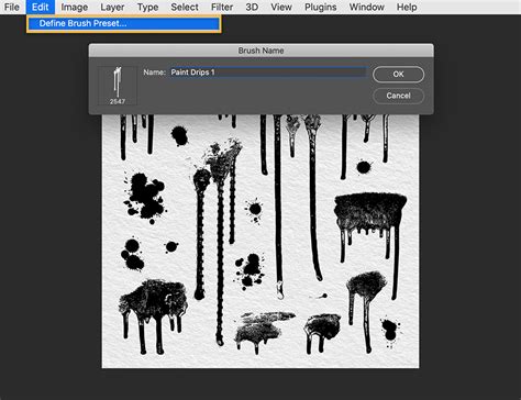 Adobe Photoshop interface with a paint drip effect example