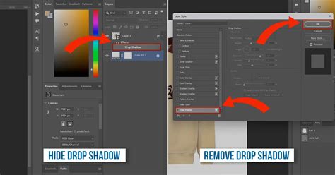 An illustration showing how a drop shadow is created and refined in Photoshop