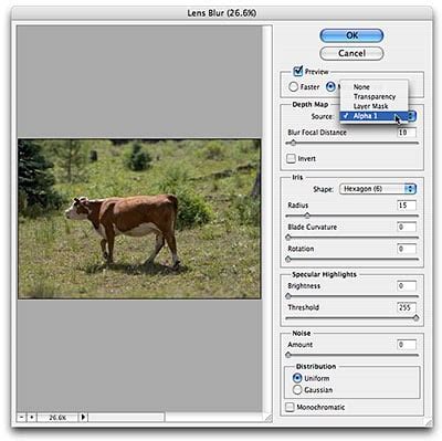 Photoshop Lens Blur Dialog Box with Alpha Channel Source