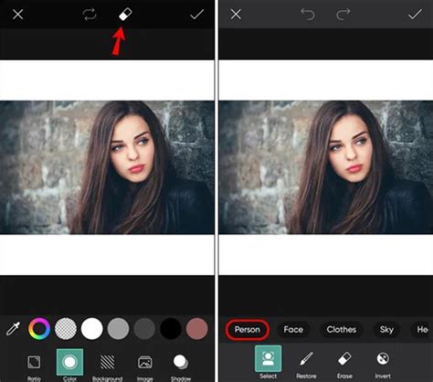 A screenshot of Picsart showing the background remover tool in action, with a person isolated from their original background.