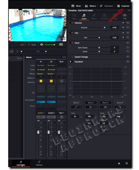 DaVinci Resolve Fairlight page showing inspector panel and EQ controls