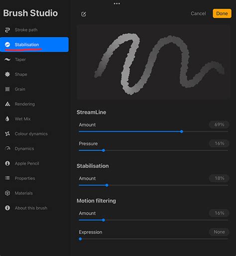 Procreate brush taper settings example