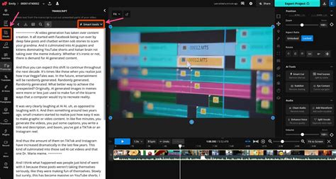 Kapwing timeline showing video clips and transcript