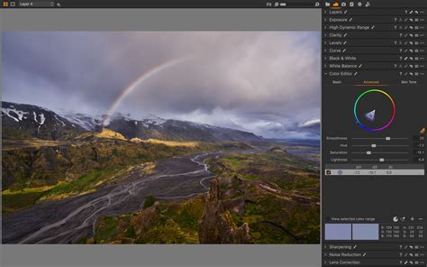 Capture One Color Editor interface showing advanced color range selection