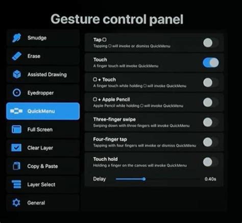 Procreate Gesture Controls Menu with Layer Select Highlighted