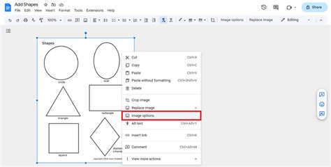 Google Docs shapes and lines toolbar