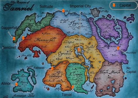 Map of Tamriel from The Elder Scrolls series, highlighting regions with vampire lore
