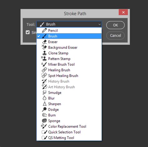 Photoshop Options bar showing Path tool and stroke settings