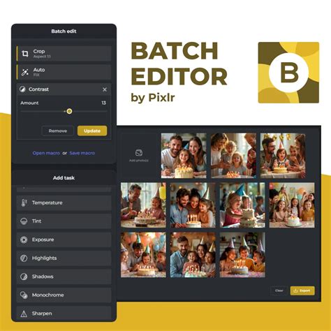Screenshot of the Pixlr E Batch Editor interface showing various editing tools and options