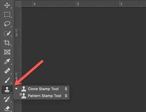 Photoshop interface with Clone Stamp tool highlighted