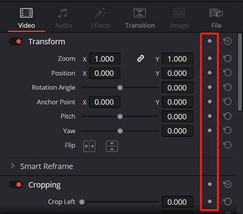 DaVinci Resolve timeline with keyframes