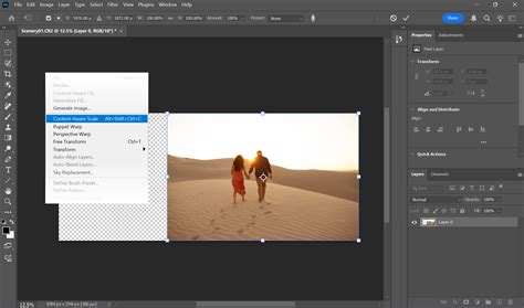 Adobe Photoshop interface with Content-Aware Scale tool highlighted