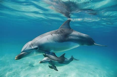 Dolphin calf swimming in echelon position next to mother