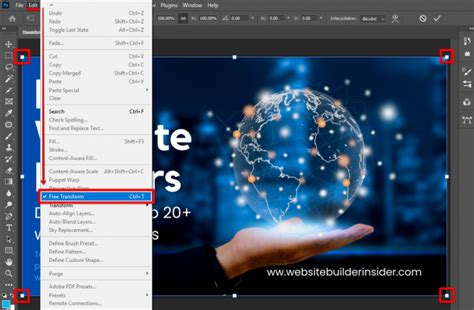 Screenshot of Photoshop Free Transform tool with handles and Shift key indicator