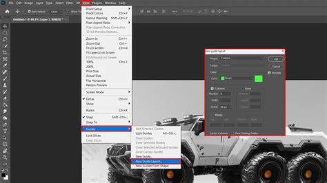 Photoshop New Guide Layout dialog showing columns and rows settings