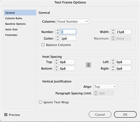 InDesign Text Frame Options dialog box showing Inset Spacing