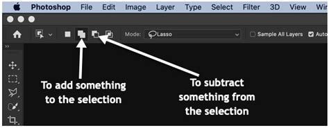 Photoshop Options Bar showing New Selection, Add to Selection, Subtract from Selection, and Intersect with Selection icons