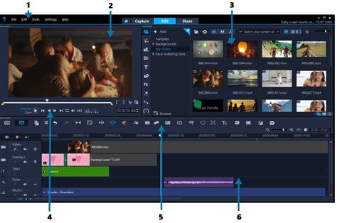 Corel VideoStudio Edit Workspace with Timeline and Media Library