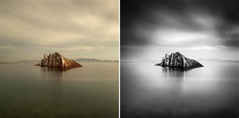 A landscape photograph with strong contrasts between light and shadow, emphasizing shapes and textures