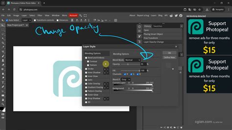 Screenshot of Photopea's Layer Style window with Blending Options and Opacity slider visible