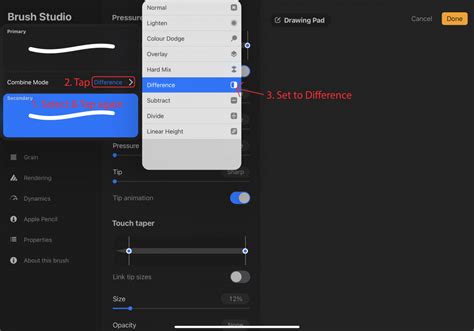 Procreate brush combination interface showing primary and secondary brush selection