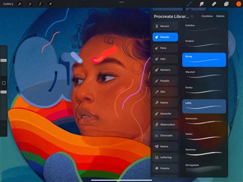 Procreate Brush Library showing how to swipe right to select a secondary brush