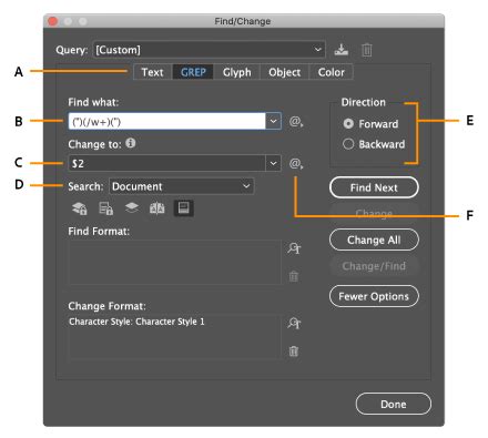 InDesign Find/Change dialog box with Advanced Character Formats tab visible