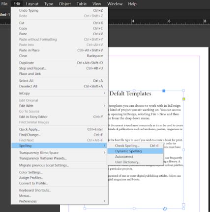InDesign interface showing Dynamic Spelling red underlines
